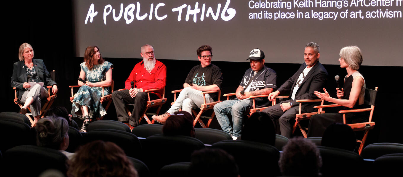 A Public Thing panel (L to R): ArtCenter President Karen Hofmann; The Broad Curator Sarah Loyer; ArtCenter Illustration Associate Chair Aaron Smith (BFA 88); Los Angeles Times Art Director Patrick Hruby (BFA 10); and muralist and recent ArtCenter alum Danny Brown; Keith Haring Foundation Executive Director Gil Vazquez; Haring