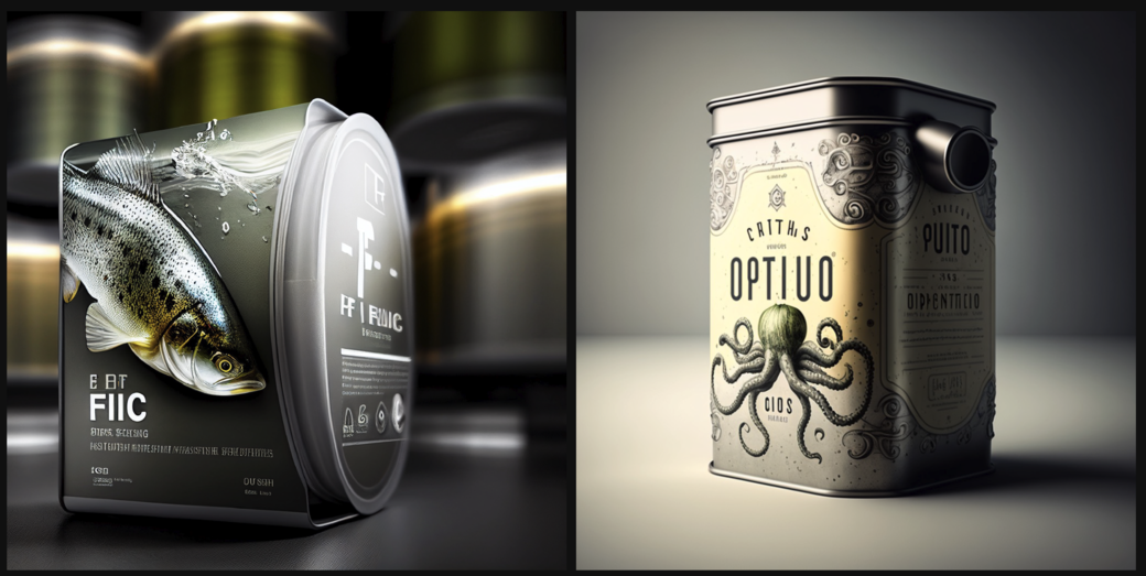 Packaging concepts for fly fishing gear (left) and octopus-infused olive oil, created by Graphic Design Professor Gerardo Herrera, using AI programs