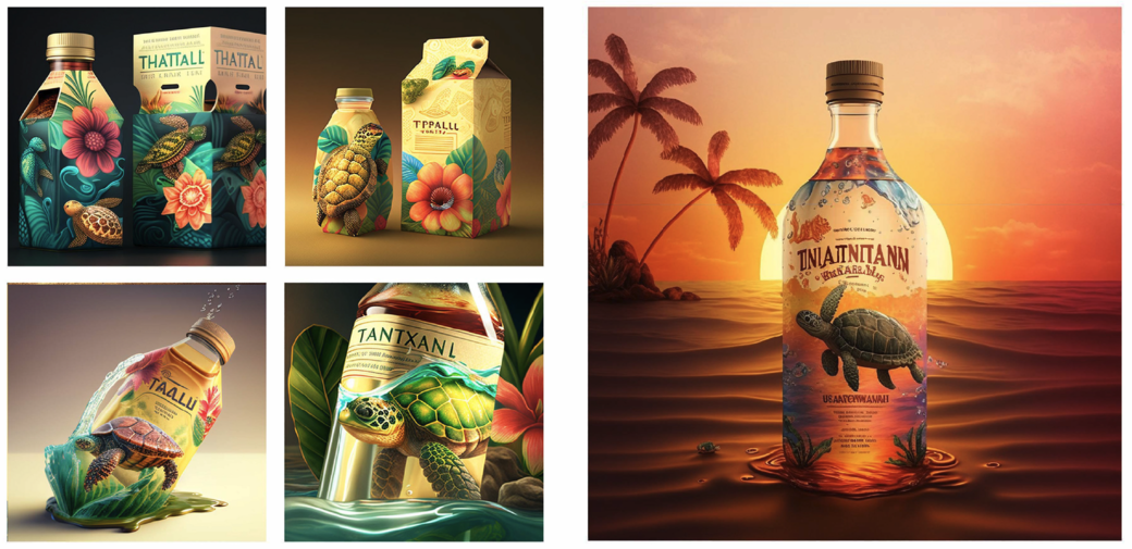 Five iterations of a packaging concept for a Hawaii-themed beverage, featuring a sea turtle, created by Graphic Design student Lynnea Jung, using AI programs