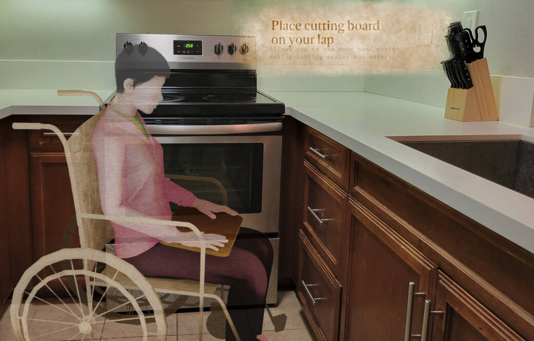 Concept work by Lucas Thin for her student project Mixed Reality Accessible Kitchen, described by Thin as "a kitchen that is accessible for people in wheelchairs by utilizing computer vision and mixed reality headsets." 