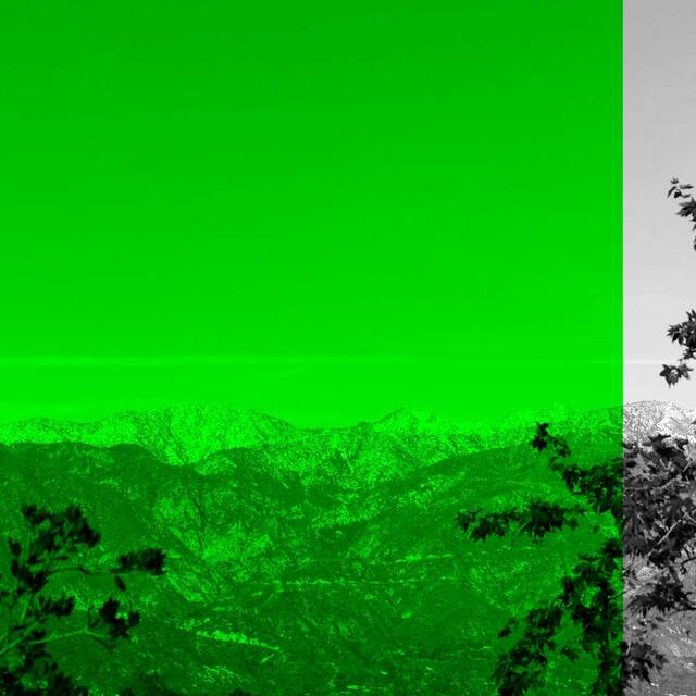 black and white photo of the San Gabriel mountains with an overlayed bar of black and bright green.