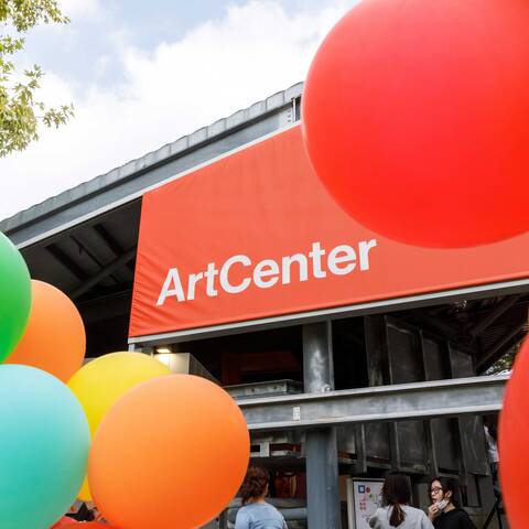 /Balloons surround the ArtCenter name on the Sinclair Pavillion