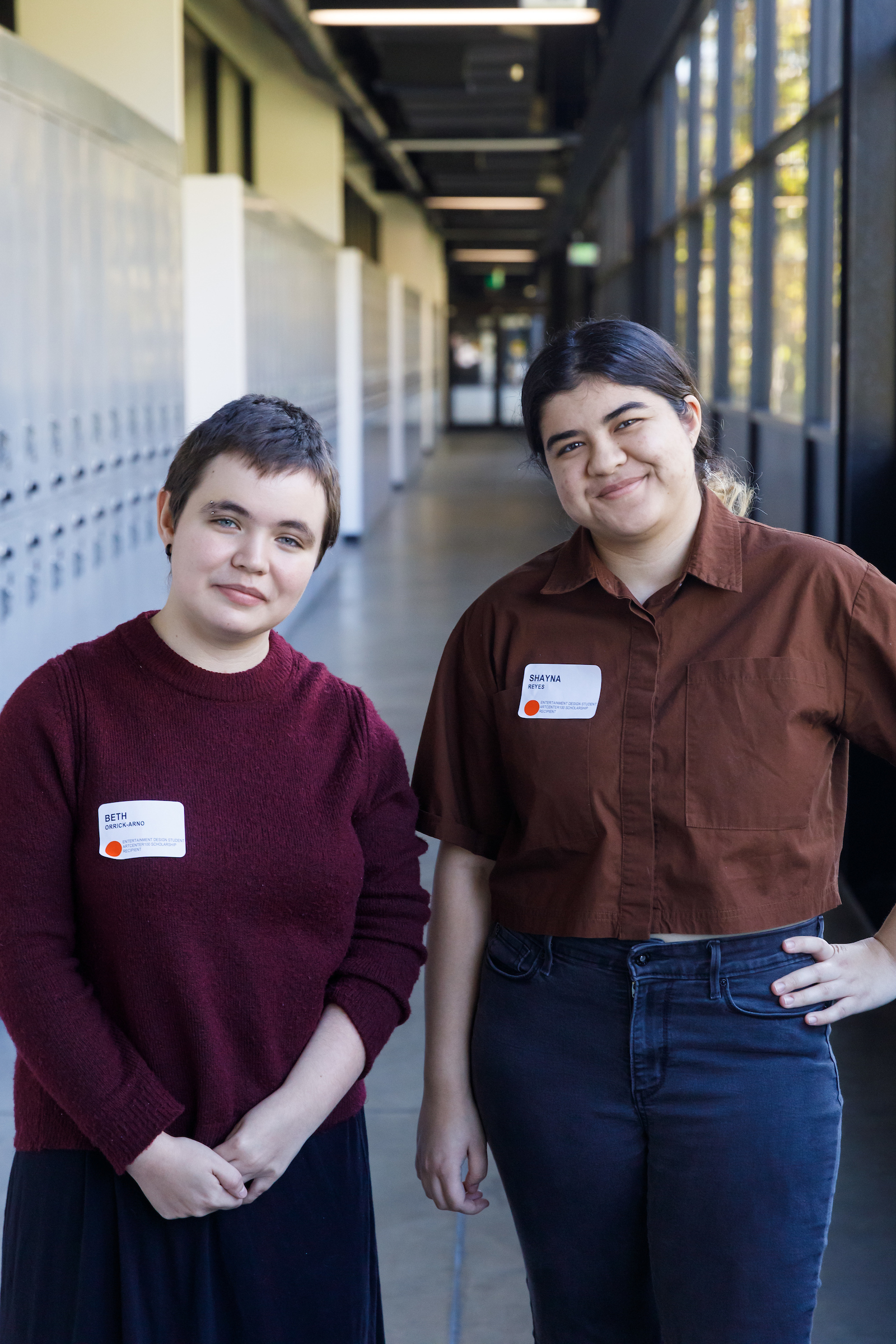 ArtCenter100 scholarship recipients Beth Orrick-Arno (left) with Shayna Reyes. Both students are majoring in animation in the Entertainment Design department at ArtCenter College of Design. © ArtCenter College of Design/Juan Posada 