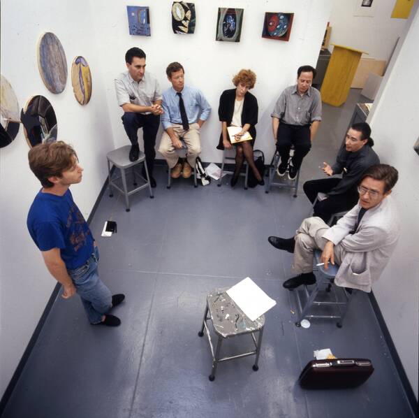 Mike Kelley, pictured at right in black, taught in the Graduate Fine Art department at ArtCenter College of Design from 1986 until 2006. Photo by Steven A. Heller.