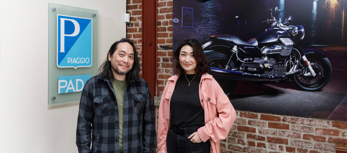 ArtCenter student Francesca Liu with her Mentorship Program mentor, alum Greg Tada, at the Piaggio Advanced Design Studio.