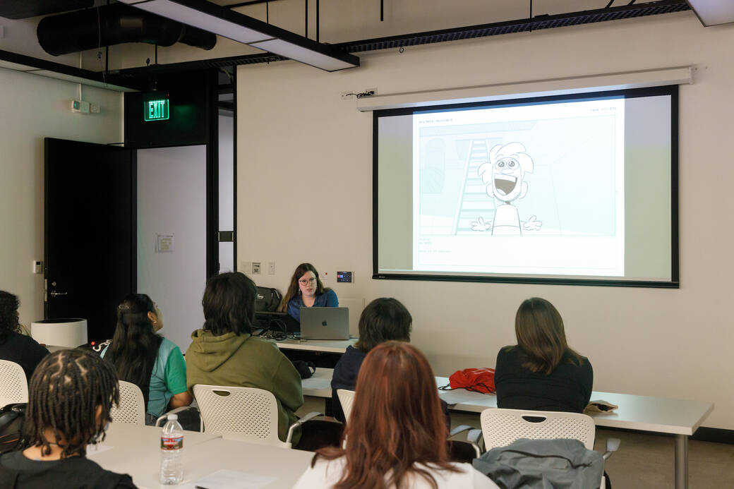 ArtCenter alum Ainsley Dye teaching Greetings From South-Central L.A. students in an ArtCenter Admissions-organized Storyboarding for Animation workshop at the College. Photo by Juan Posada.