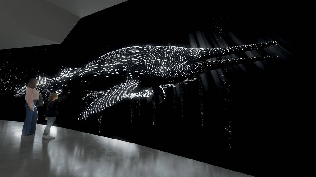 <i>Deep Time: Sea Dragons of Nevada</i> at the Nevada Museum of Art features a real-time, point-cloud animation of an Icthyosaurus moving across an 80-foot-long curved surface. Courtesy of Ivan Cruz.