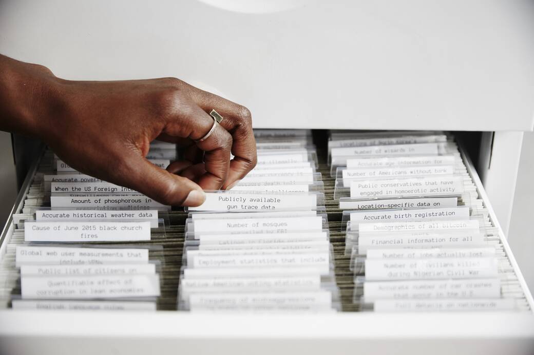 Detail of The Library of Missing Data Sets, 2016, by Mimi Ọnụọha. Photo by Brandon Schulman.