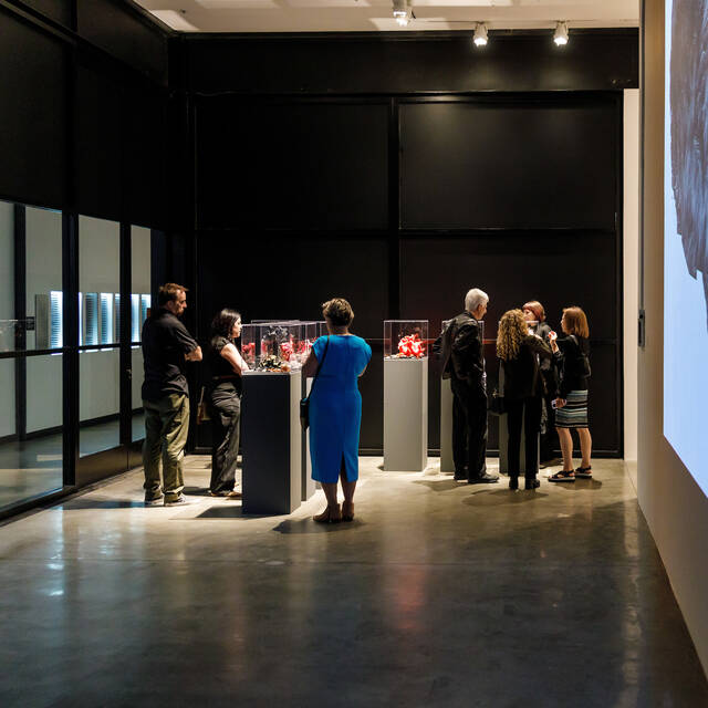 Patrons enjoy the Seeing the Unseeable exhibition opening at ArtCenter College of Design. 
