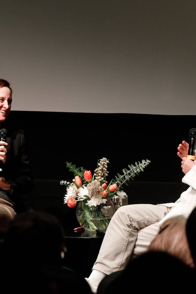  Alum Hiroshi Sugimoto (right) in conversation with journalist Jori Finkel (left) at ArtCenter