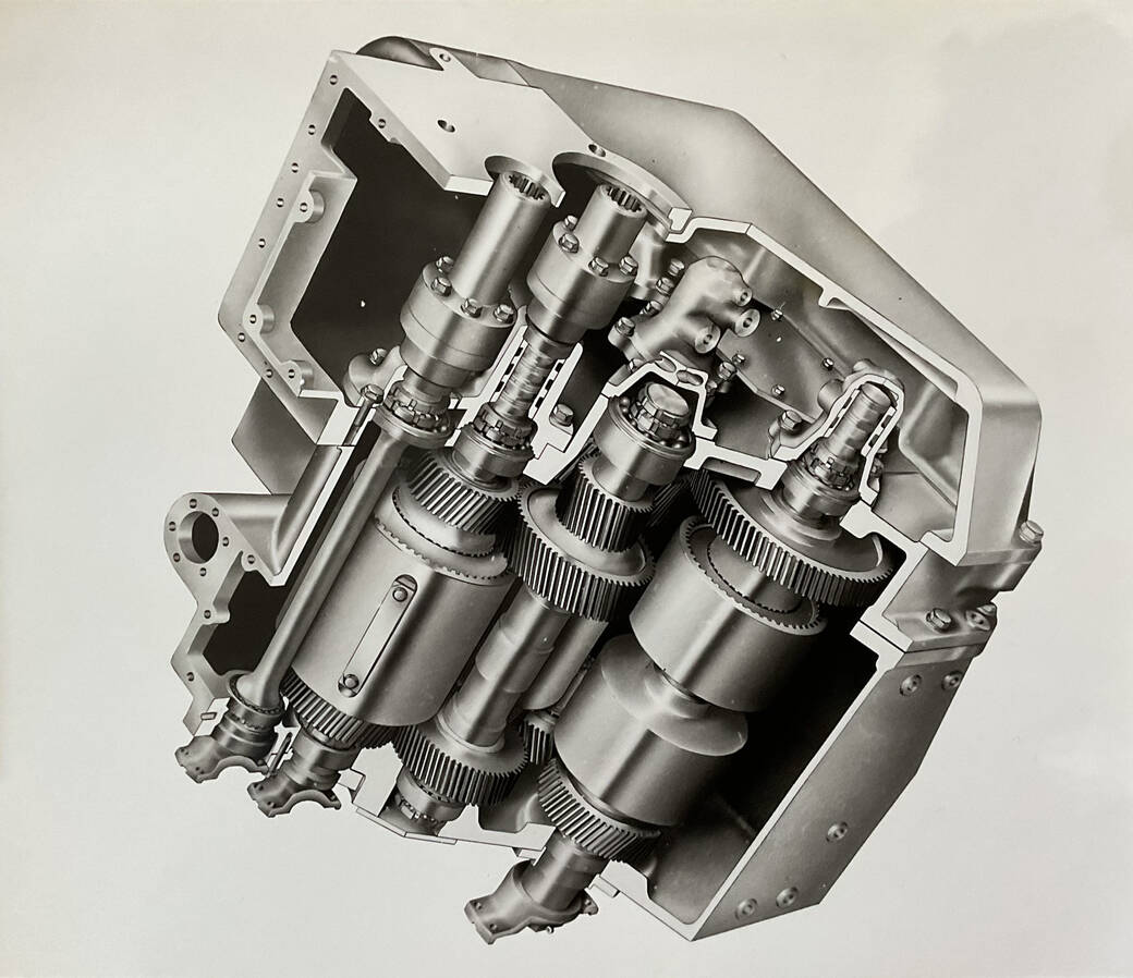 A black-and-white photo of an ink on board and airbrush illustration of a gearbox cutaway, created by Ross Dimond Player, ca. 1980.