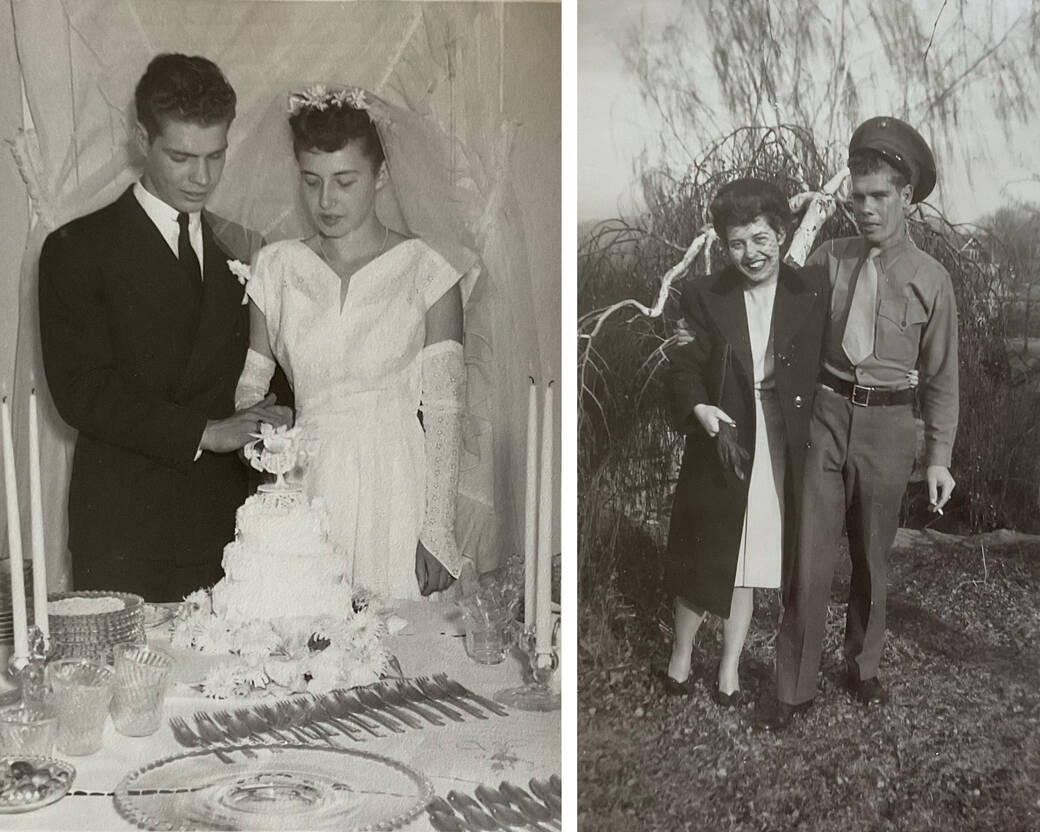 A black-and-white photo of Ross Dimond Player and Madelyn Maberly at their wedding in 1947, cutting a wedding cake; an outdoor photo Ross and Madelyn Player in 1944, with Ross in his fatigues