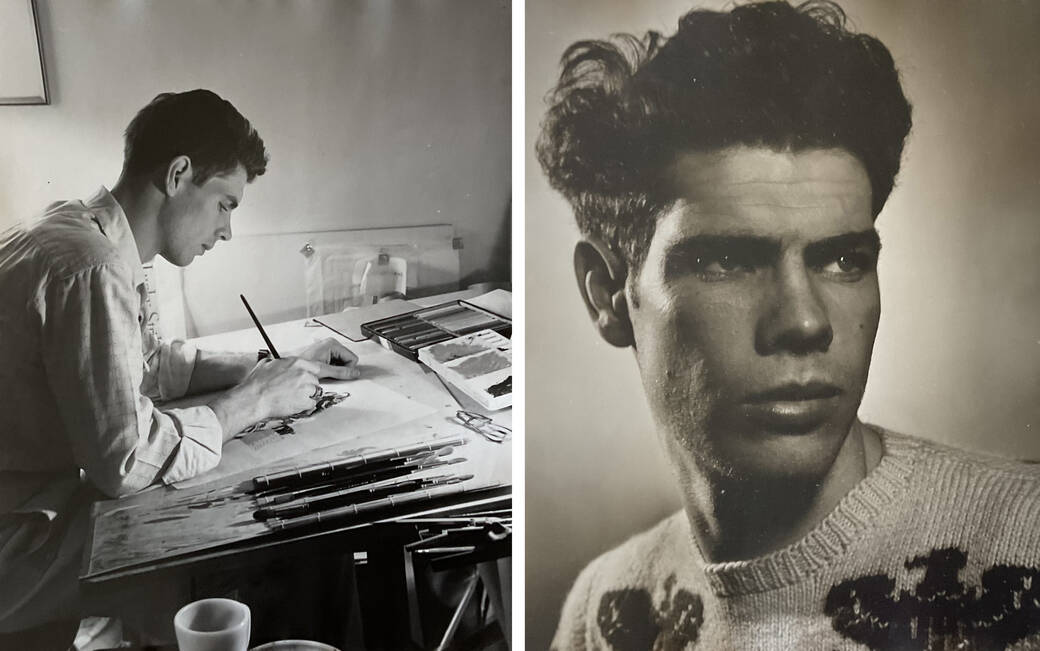 A black-and-white photo of Ross Dimond Player drawing at his desk; A black-and-white portrait of Ross Dimond Player wearing a sweater