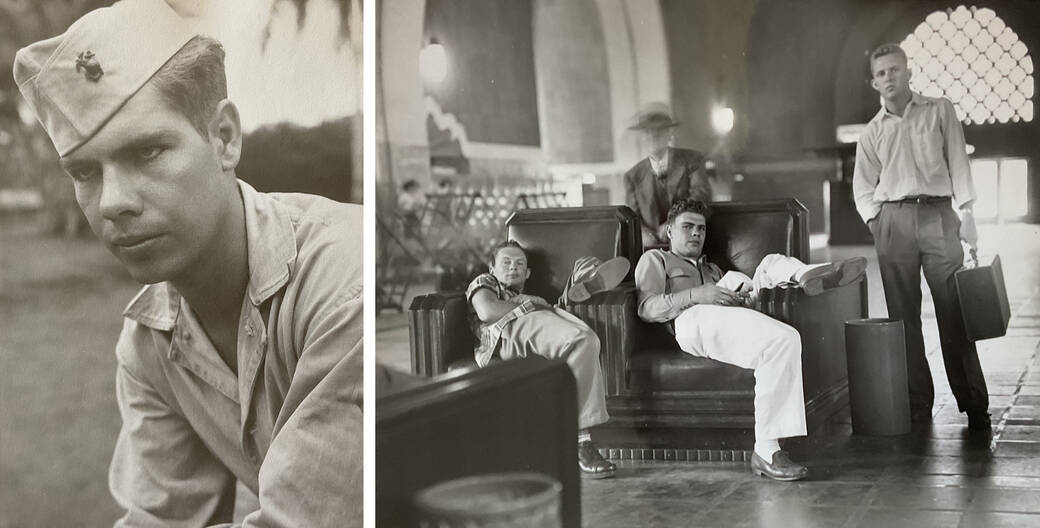 A black-and-white photo of Ross Dimond Player in his fatigues in the Pacific Theater; A black-and-white portrait of Ross Dimond Player and a group of friends posing playfully in Downtown L.A.