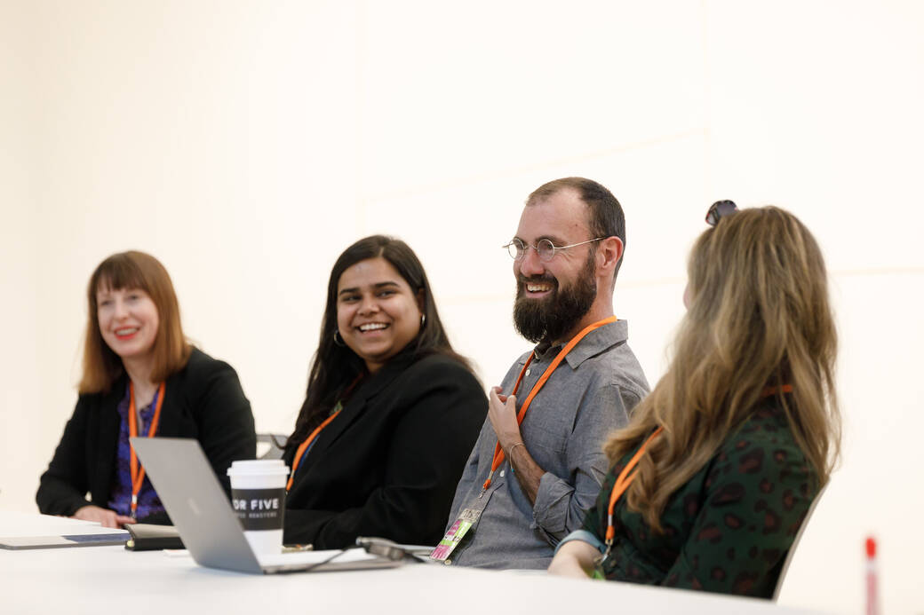 (Left to right) Panelists Monica Schlaug, Nidhi Singh Rathore and Joshua Halstead with moderator Jennifer May during the 2024 AICAD Symposium session “The Pedagogy of Partnership: Building Meaningful Collaborations in Art + Design Education.”