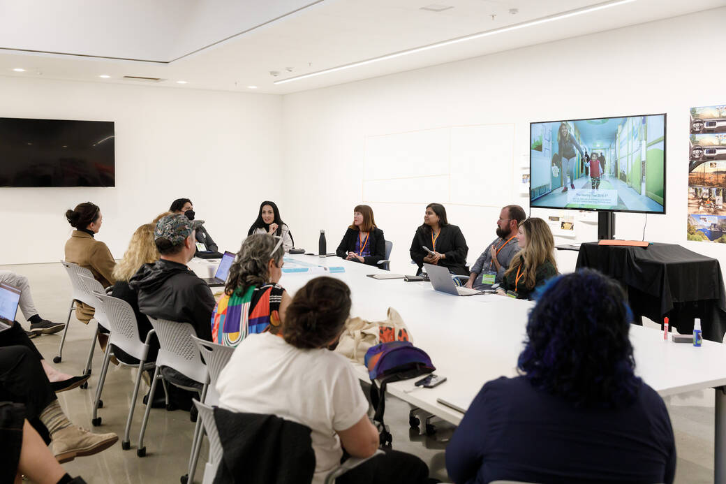 (Left to right) Panelists Ghecemy Lopez, Stella Hernandez (speaking), Monica Schlaug, Nidhi Singh Rathore and Joshua Halstead with moderator Jennifer May during the 2024 AICAD Symposium session “The Pedagogy of Partnership: Building Meaningful Collaborations in Art + Design Education.”