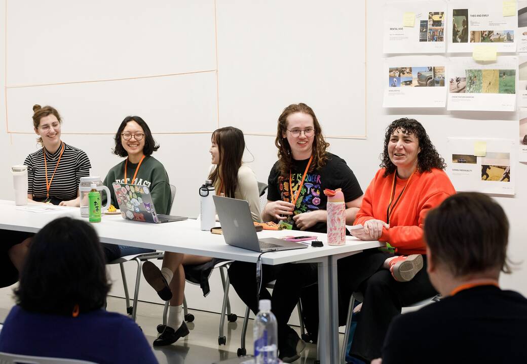 (Left to right) Panelists and current ArtCenter students and Orientation Leaders Maddie Mellen, Daeun Min, Amanda Chum and Alan Smith-DaigleMonica with moderator Celeste Guarneri during the 2024 AICAD Symposium session Limber Learners: Preparing the Next Generation of Leaders