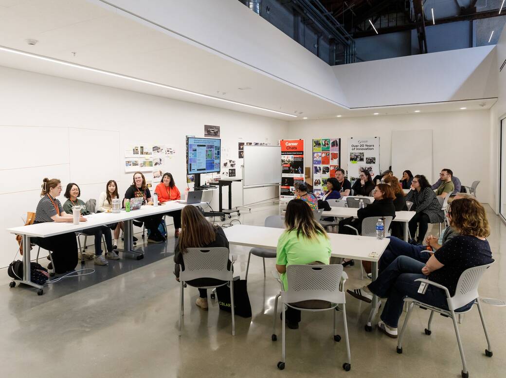 (Left to right) Panelists and current ArtCenter students and Orientation Leaders Maddie Mellen, Daeun Min, Amanda Chum and Alan Smith-DaigleMonica with moderator Celeste Guarneri during the 2024 AICAD Symposium session Limber Learners: Preparing the Next Generation of Leaders