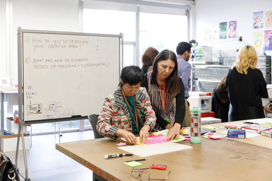 The 2024 AICAD Symposium session “Interdisciplinary Dialogue as Zine: A Publishing Workshop," led by (left to right) Elise Co and Gabrielle Jennings.