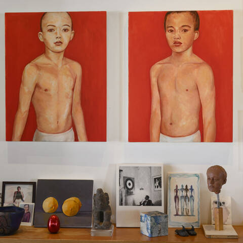 /Red paintings and clay sculptures by Kim McCarty. Lemons painting by Dan McCleary. Blue painting by Robert Greene. Pots by Roger Herman. Square box by Tony Berlant. Feet by Claude Lalanne.