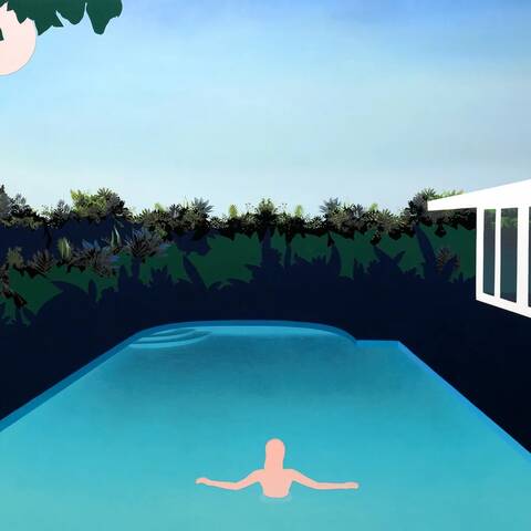 /NYT (Woman in Pool at Night with Jungle), 2024; Mixed fabrics, 56 x 82 x 2 inches (142.2 x 208.3 x 5.1 cm).