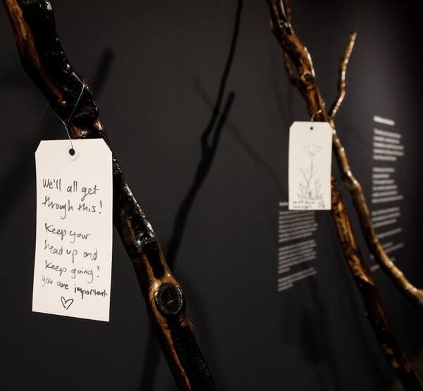 Cards on The Tree, by alum Jeffrey Sugishita, part of the installation Resilience in the Ashes.