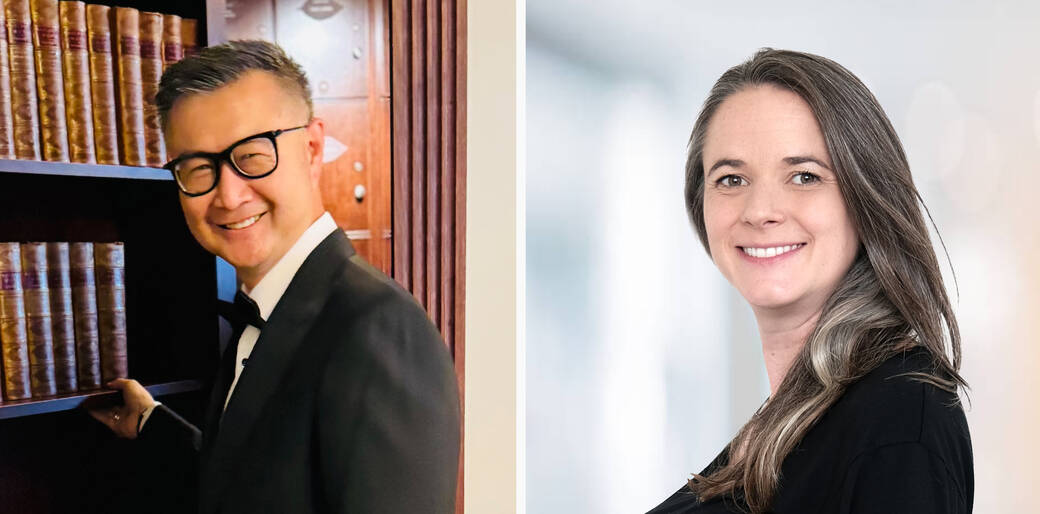 A portrait of Joe Tseng against a bookshelf, and a portrait of Mariana Prieto against a white background.