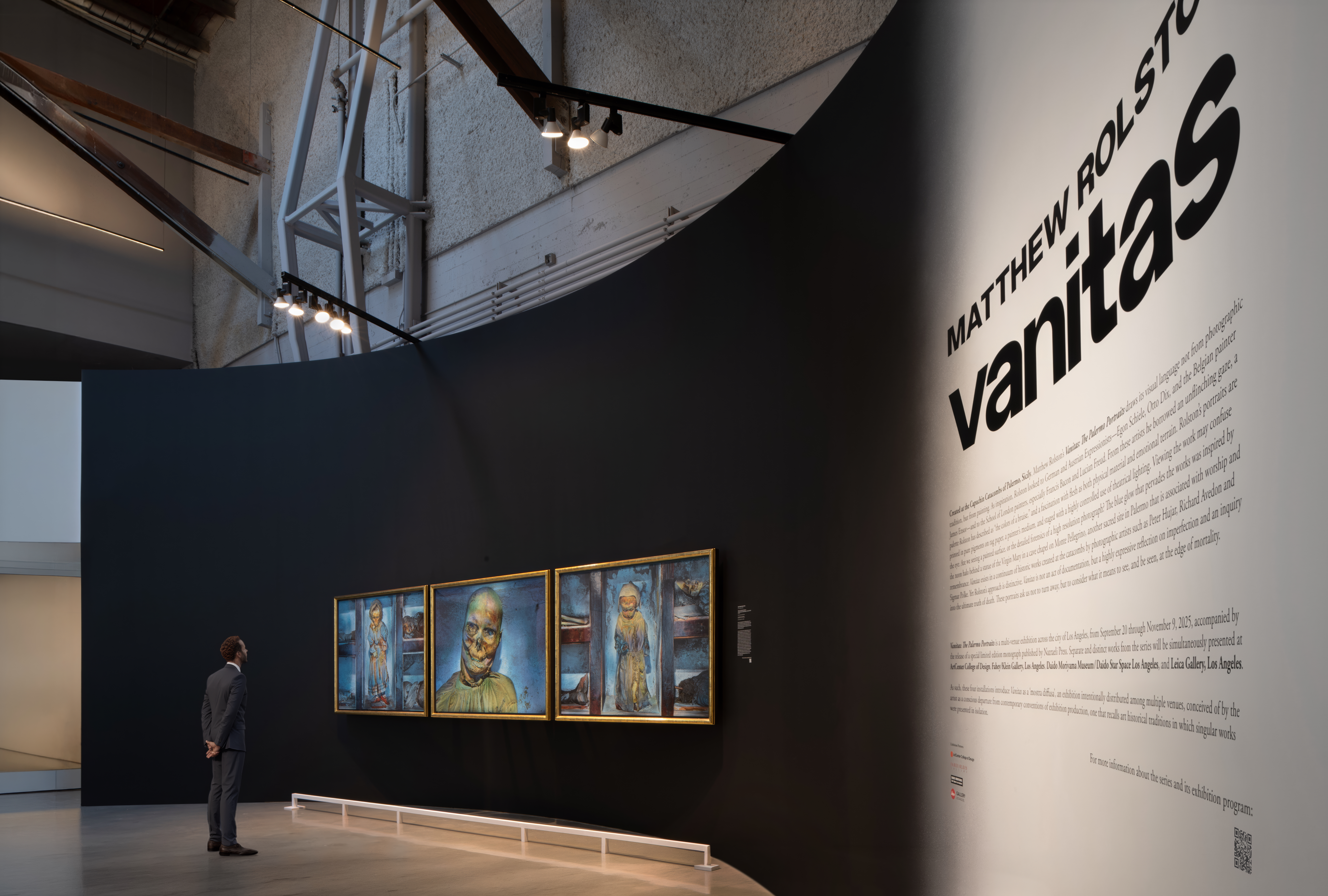 Matthew Rolston, Triptych in the Style of an Altarpiece, Palermo, 2013. Installation view, ArtCenter College of Design, Mullin Transportation Design Center, Pasadena, California. Photographed by Kara Kirk, 2025