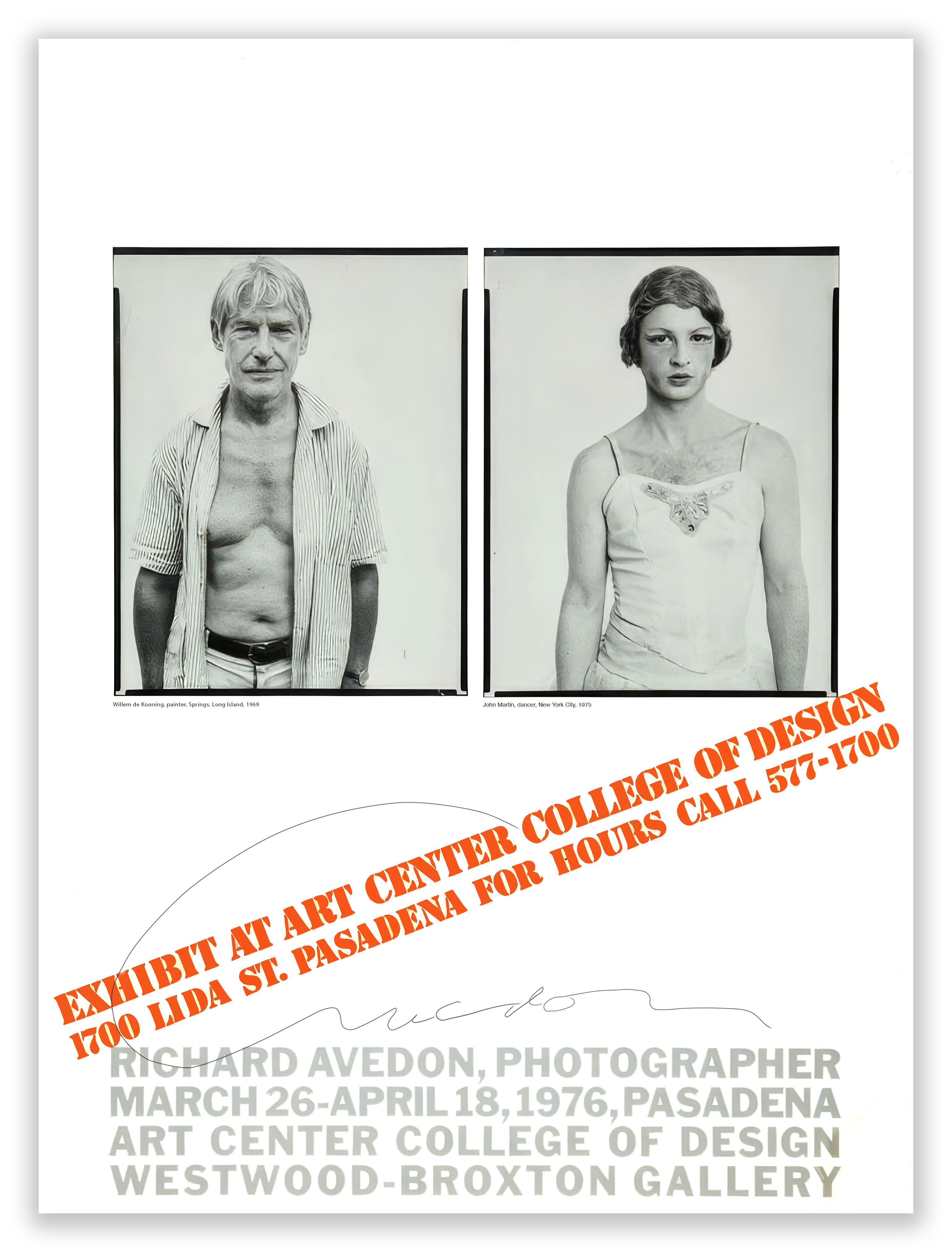 Exhibition poster for Richard Avedon, Portraits 1969&ndash;1975 at ArtCenter College of Design, Pasadena, and Westwood-Broxton Gallery, March 26&ndash;April 18, 1976