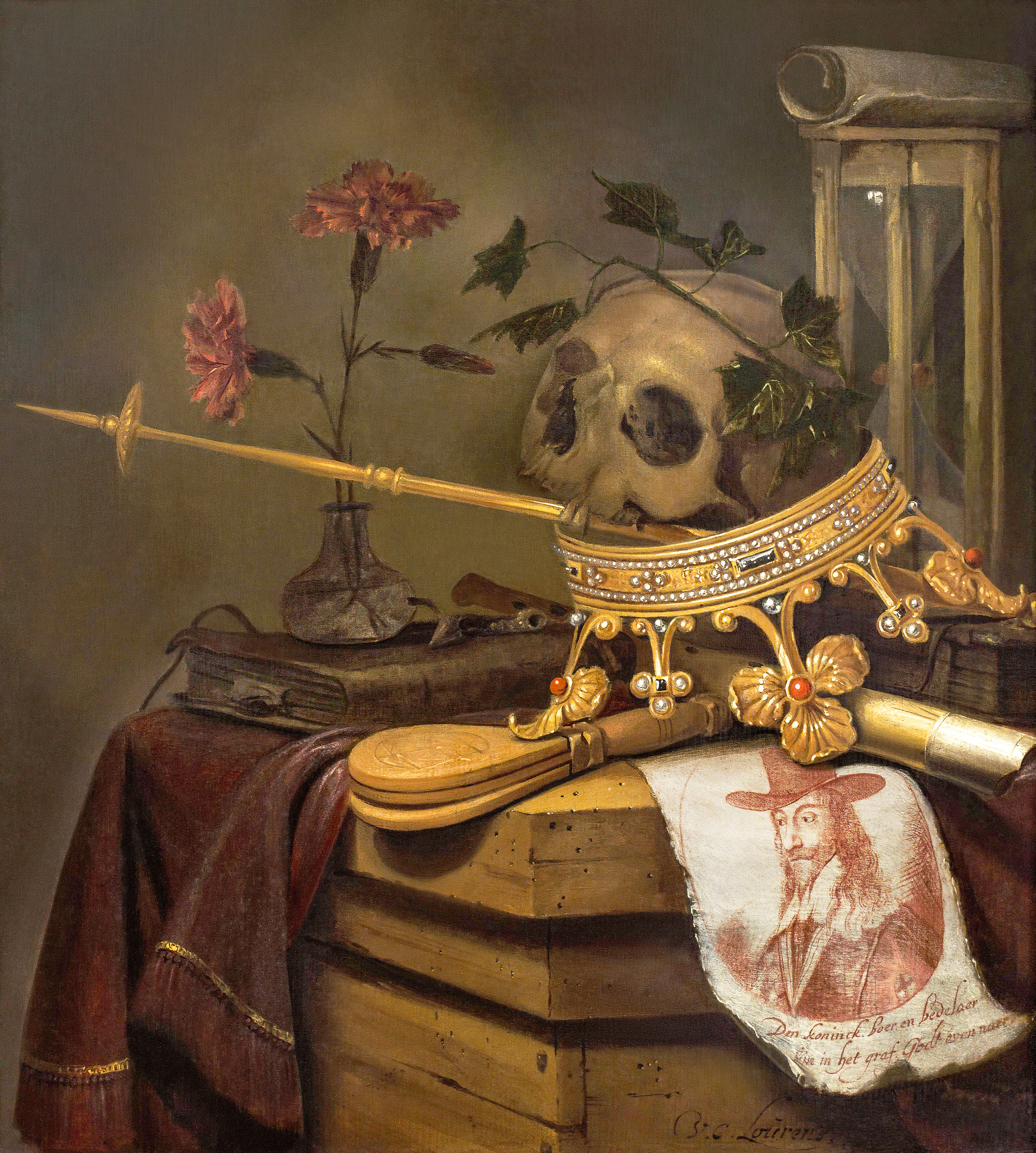 Vincent Laurensz van der Vinne the Elder, A Vanitas Still Life with a Skull, Crown, Scepter, Flute, Bellows, Hourglass, Carnations in a Glass Vase, Scroll, Book and an Engraved Portrait of Charles I, c. 17th century
