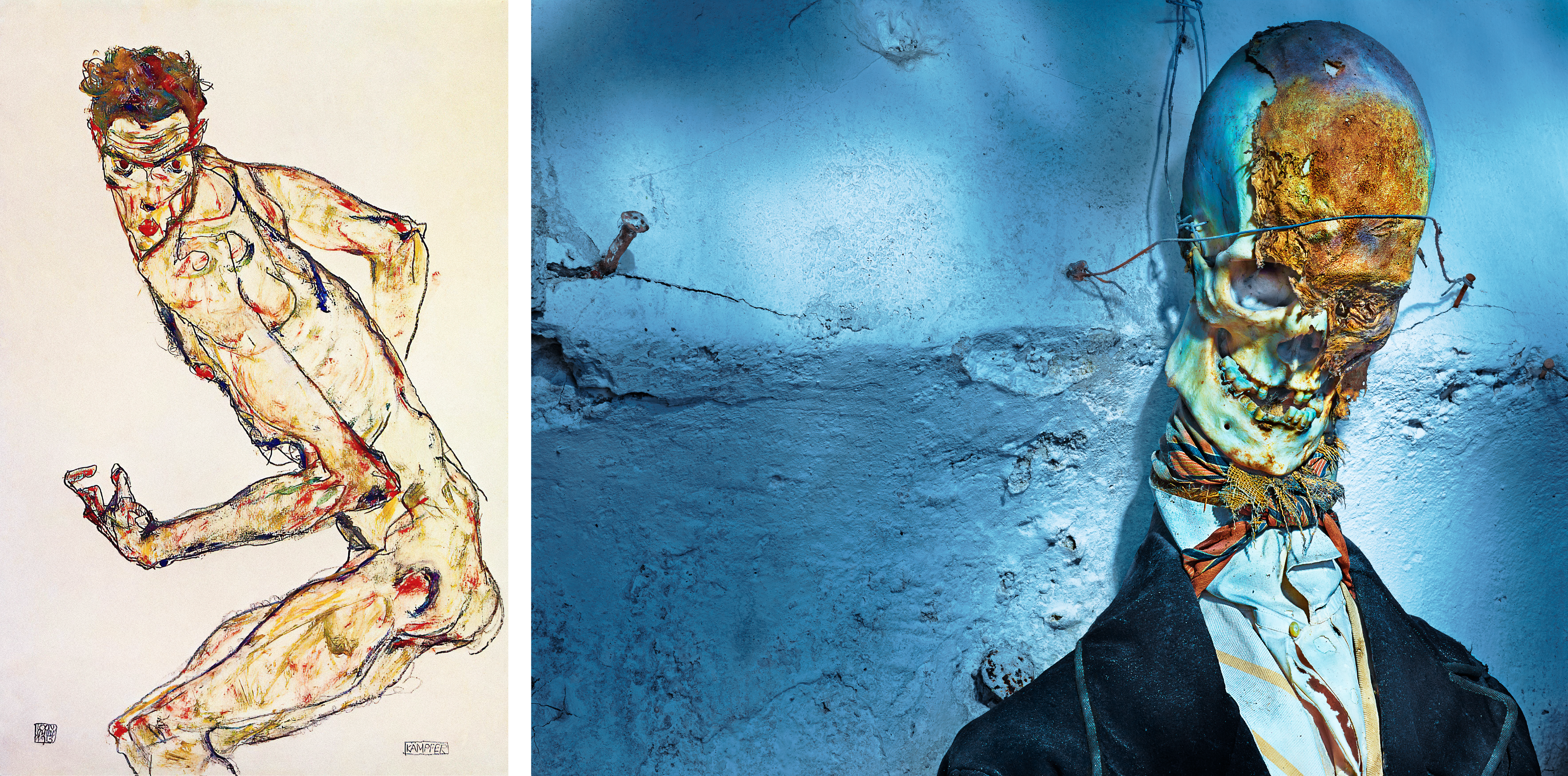 L: Egon Schiele, Fighter, 1913; R: Matthew Rolston, Untitled (Long Face), Palermo, 2013, from the series Vanitas: The Palermo Portraits. Courtesy Fahey/Klein Gallery, Los Angeles