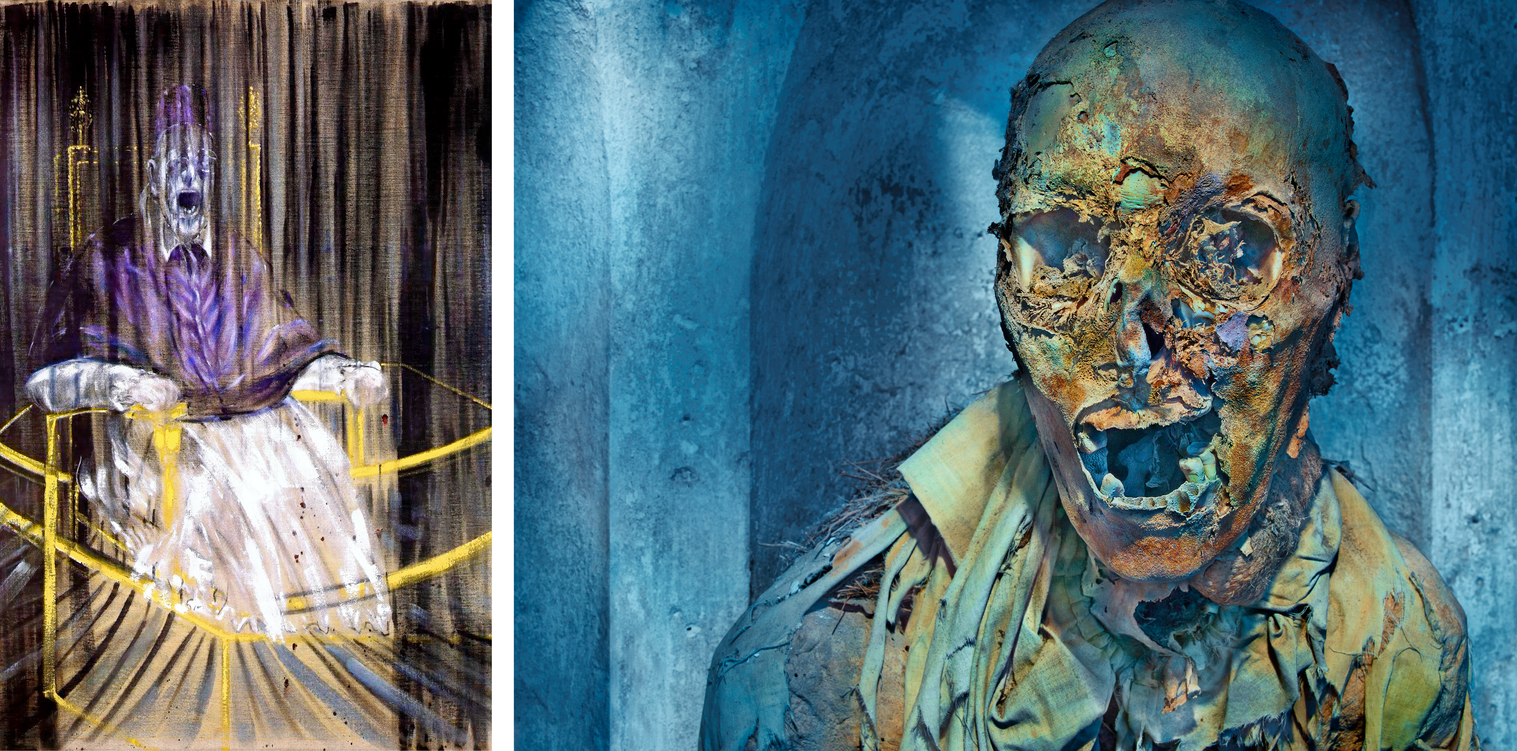 L: Francis Bacon, Study After Velasquez&rsquo; Portrait of Pope Innocent X, 1953; R: Matthew Rolston, Untitled (Scream), Palermo, 2013, from the series Vanitas: The Palermo Portraits. Courtesy Fahey/Klein Gallery, Los Angeles