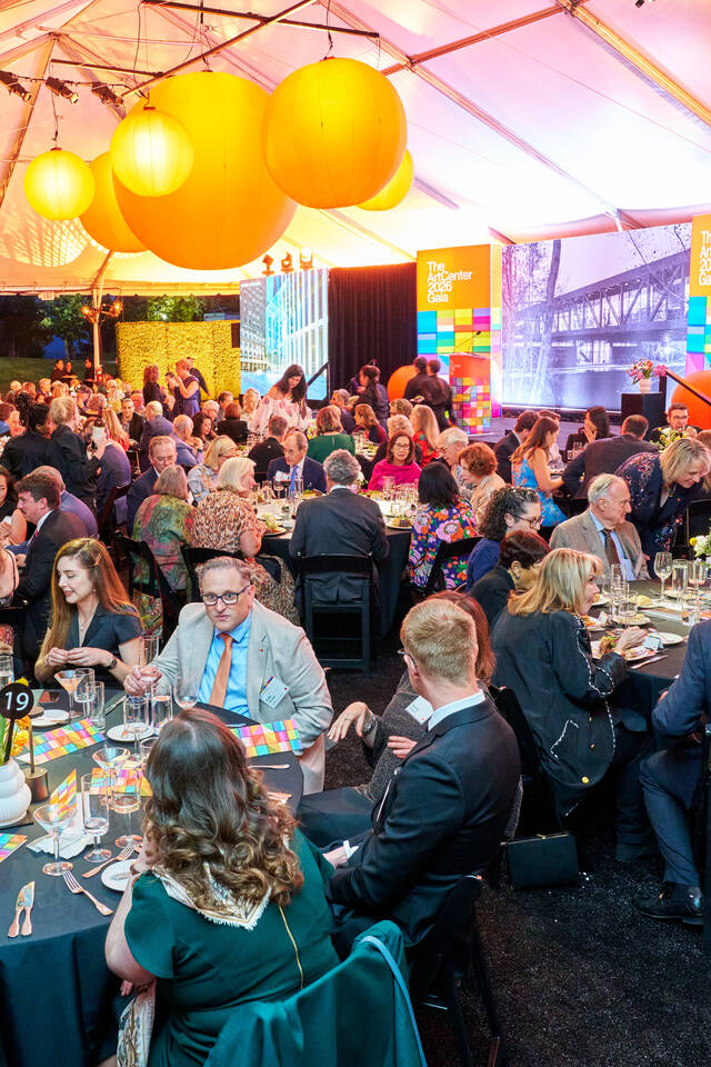 Attendees of ArtCenter’s 2026 Gala celebrated under a canopy set up in the sculpture garden at Hillside Campus.