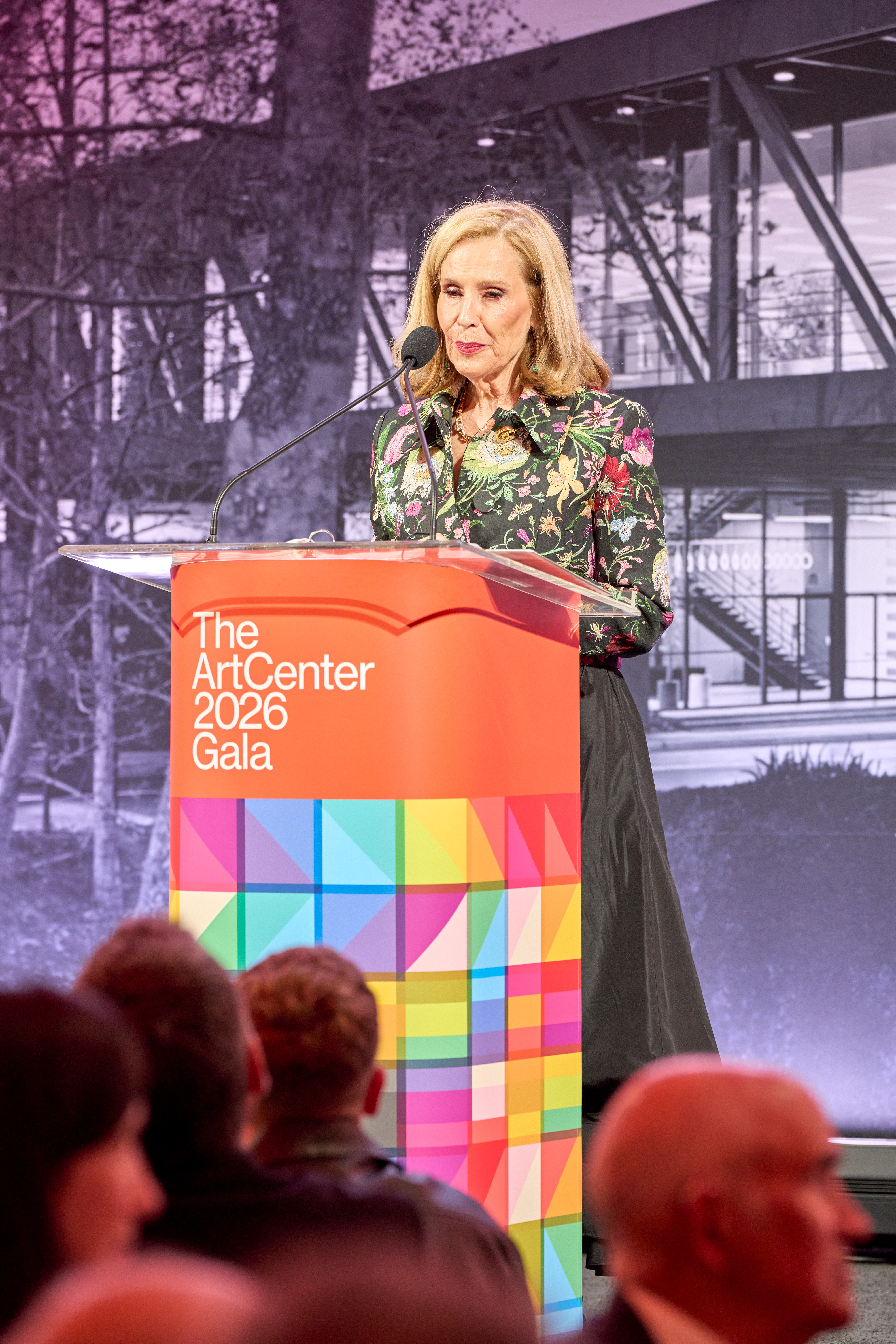 Trustee Emeritus and ArtCenter100 Co-president Terri Kohl speaking at ArtCenter&rsquo;s 2026 Gala.