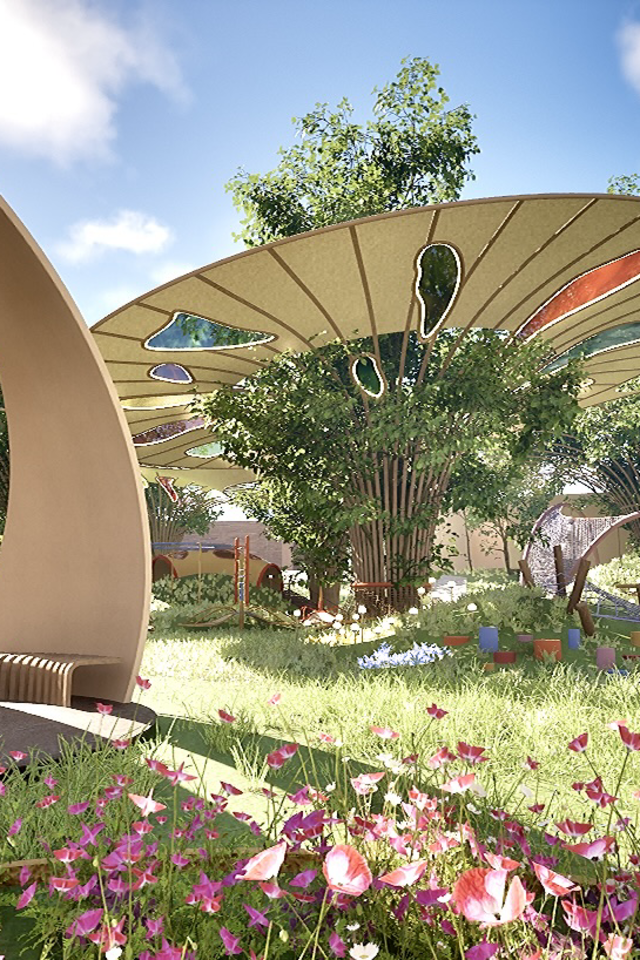 View of the Wings Del Barrio student project for Hollenbeck Park, featuring sculptural shade-providing structures inspired by butterfly wings