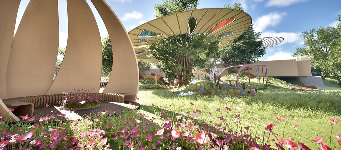 View of the Wings Del Barrio student project for Hollenbeck Park, featuring sculptural shade-providing structures inspired by butterfly wings