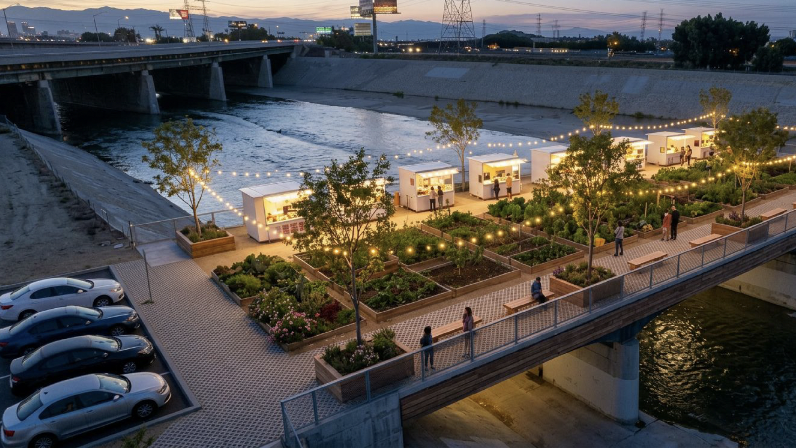 A student project by Betzaida Ledezma and Jesse Rodriguez proposed a raised community garden over the LA River that would also host a night market
