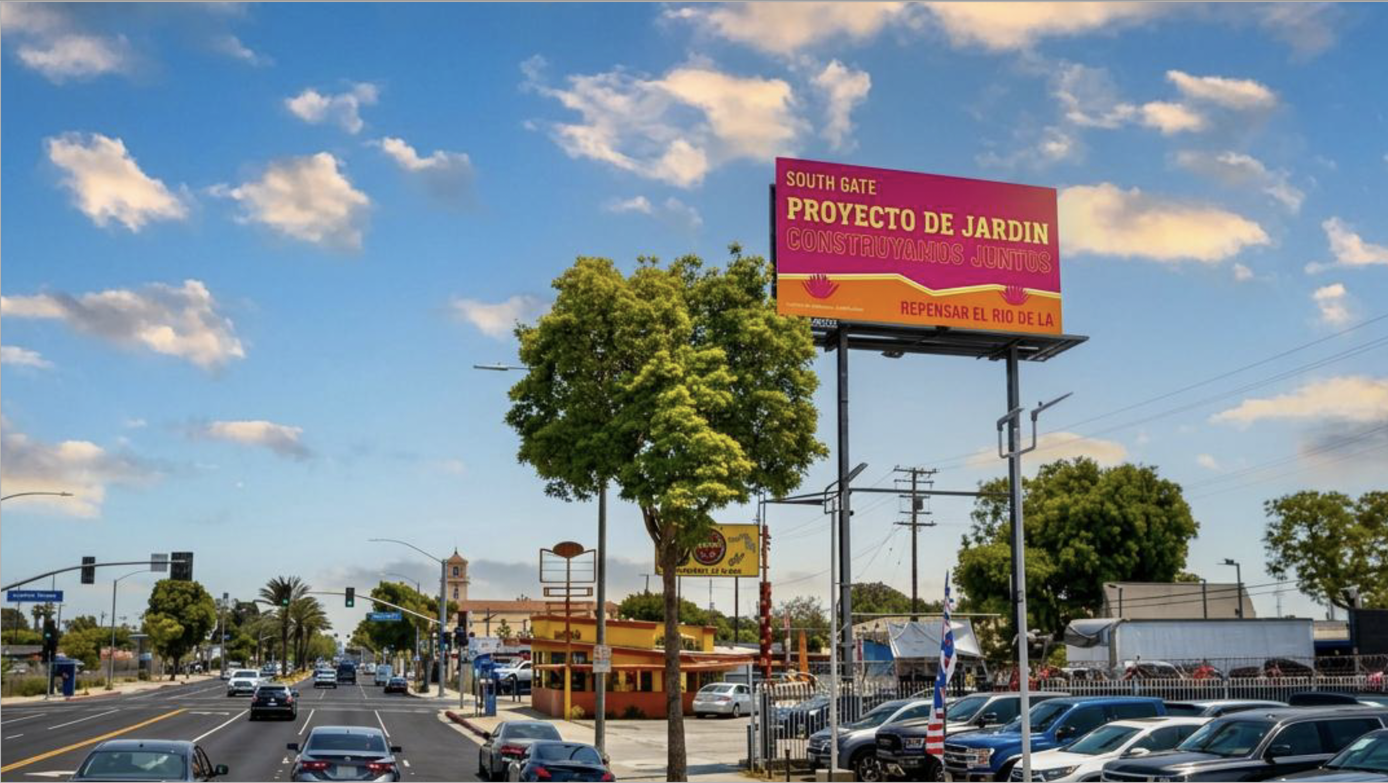 Rendering of a billboard over a busy street in Los Angeles that reads: South Gate; Proyecto de Jardin; Construyamos Juntos; Repensar El Rio de LA