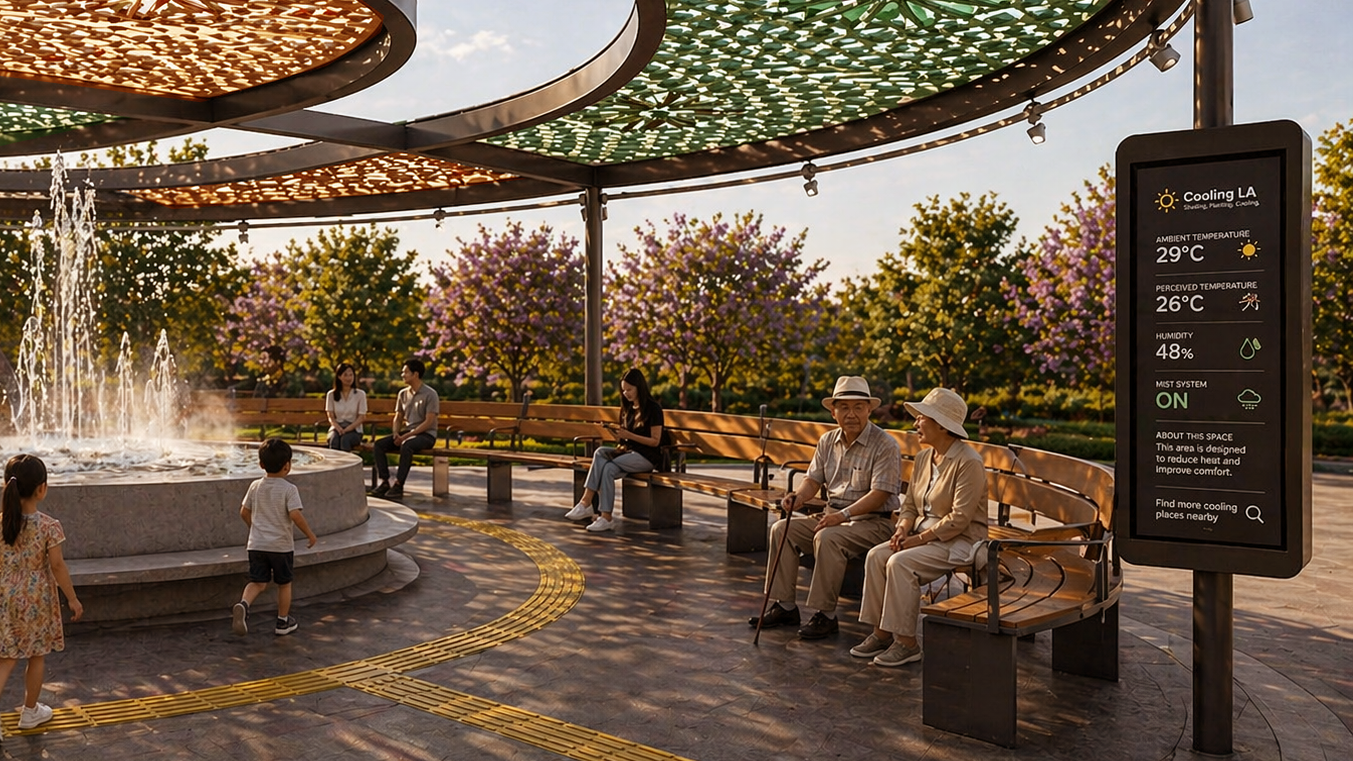 Rendering of individuals enjoying the Urban Oasis Ring, which would bring shade and cooling features to Mariachi Plaza