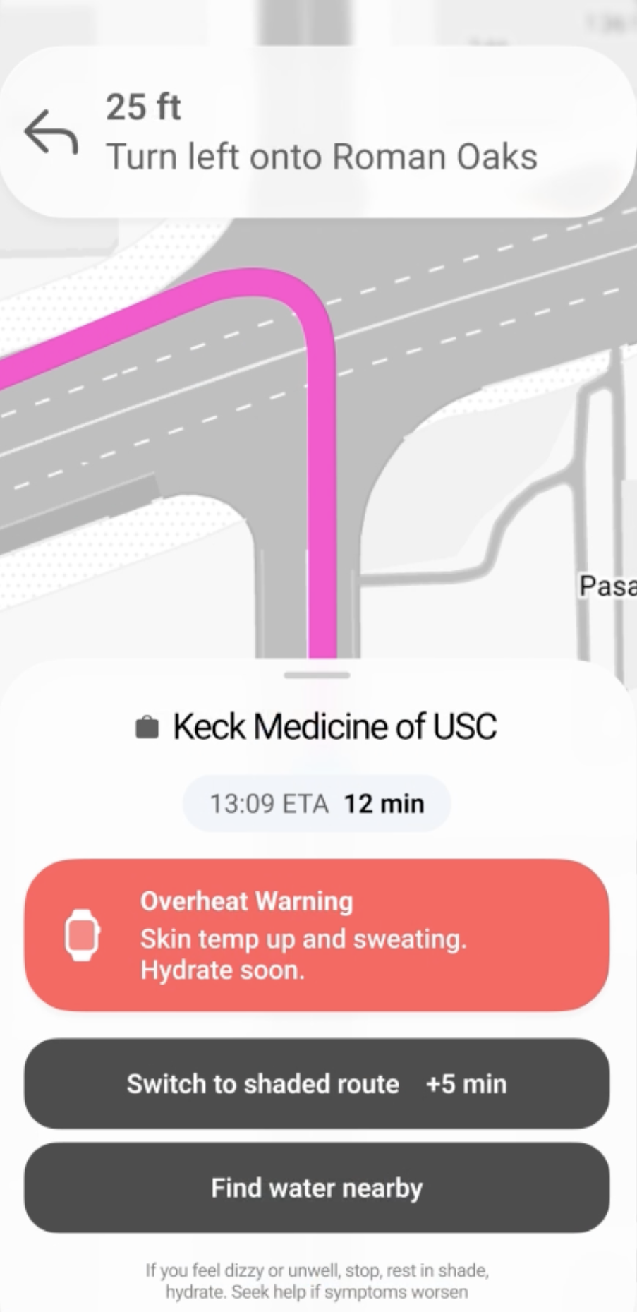 A screenshot of Heatrail, a student concept for a smartphone app for bicyclists that suggests shaded routes and warns the user of dehydration