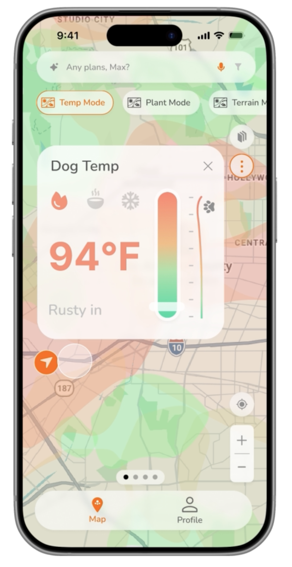A screenshot of CoolPaws, a smartphone app that suggest routes for dogwalkers that takes shade and hydration stops into account