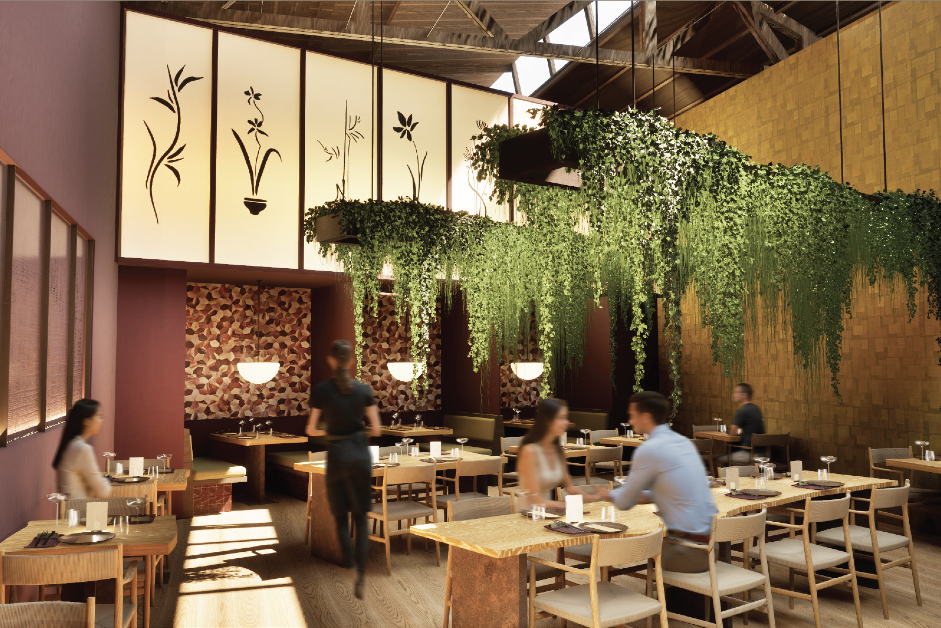 In a bright dining space, customers sit underneath plants hanging from bow truss beams