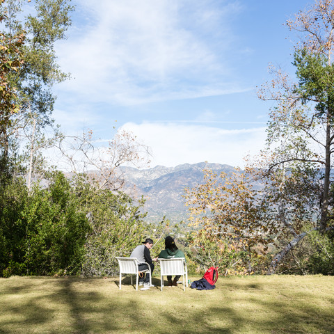 Students sitting in chairs on the lawn