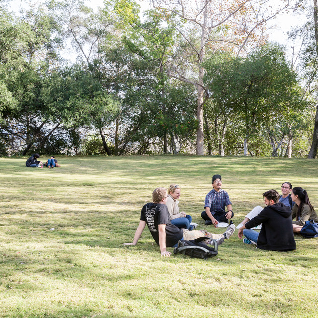 Students socialize on the lawn at hillside