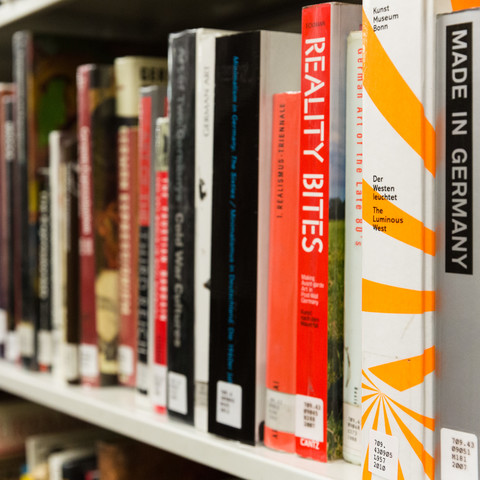 Detail shot of books on an ArtCenter Library shelf
