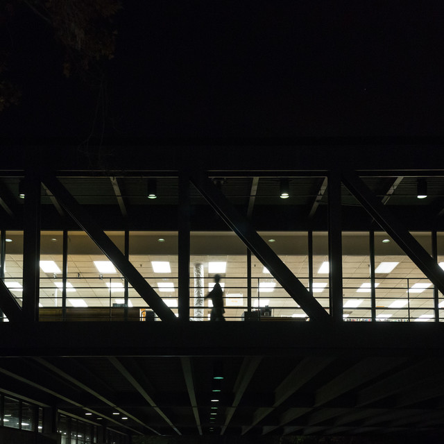 Night scene of the ArtCenter Library and Bridge