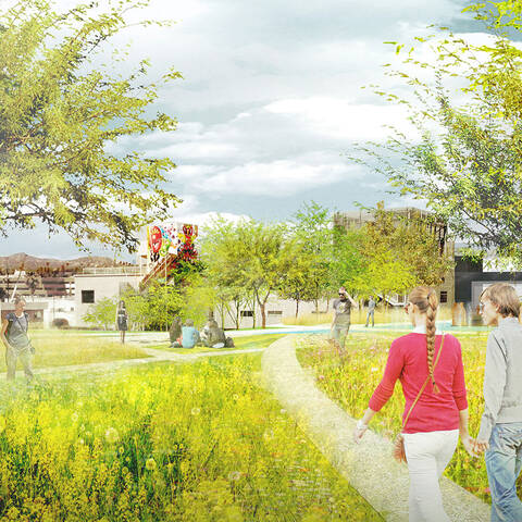 rendering of two people walking on a path trough a native landscaped area