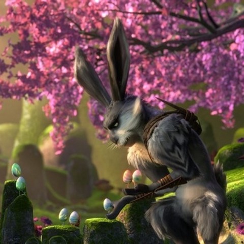 /digital illustration of a rabbit in front of a blooming tree with pink flowers. 