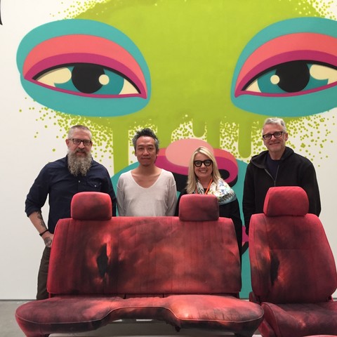 Standing behind “Nature’s Whip” is (L to R) illustration instructor and artist Aaron Smith with ArtCenter alumnus SHARK TOOF, Illustration Chair Ann Field and artist and illustration instructor Rob Clayton.jpeg