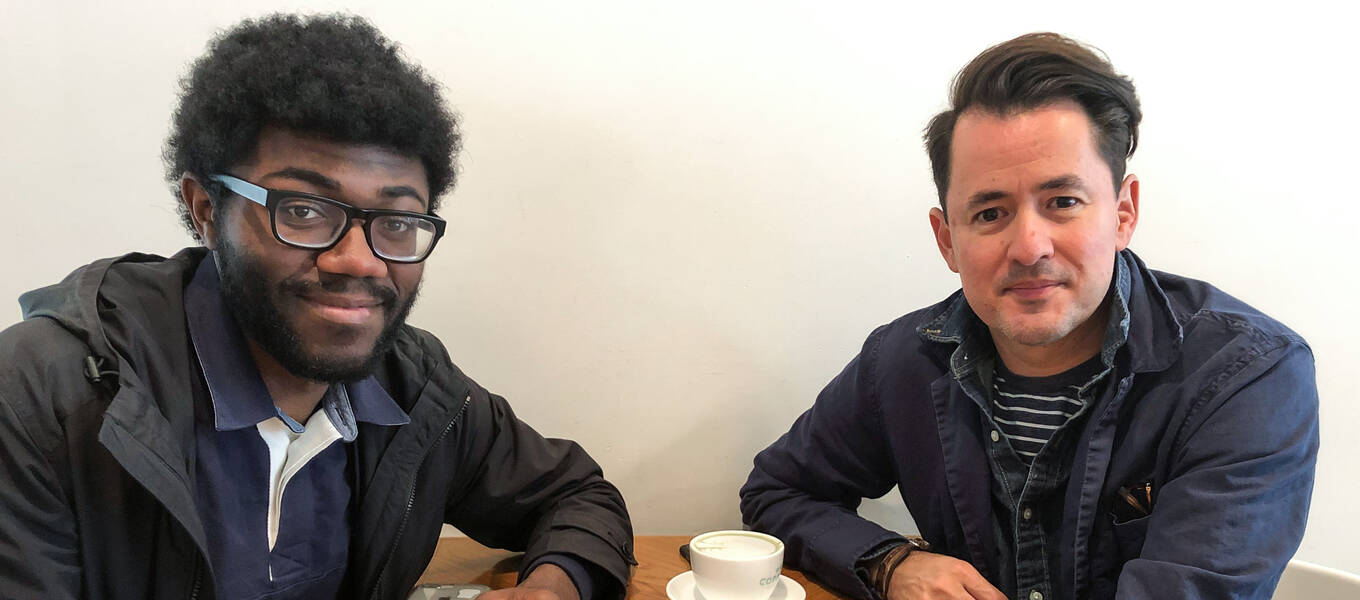 ArtCenter Film student Joel Aaron and his mentor Brandon Martinez at coffeehouse Copa Vida in Pasadena, California